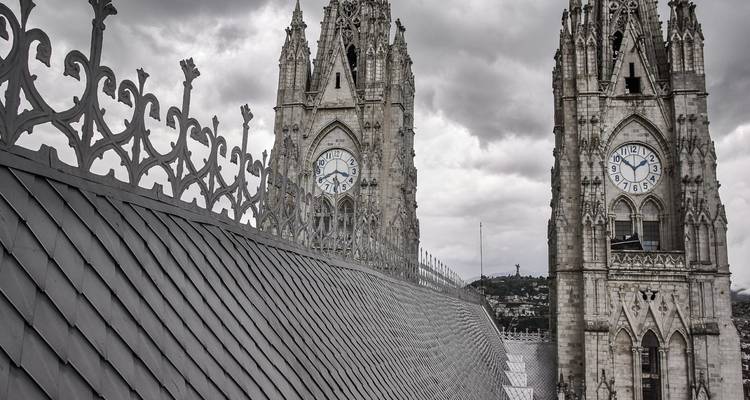 Gothic church towers with dramatic clouds