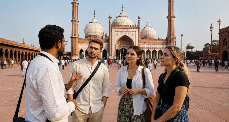 Guide local expliquant l'histoire aux voyageurs devant la cour de la grande mosquée Jama Masjid.