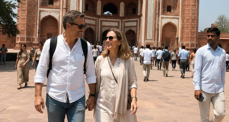 Un couple souriant se tenant par la main en marchant à travers une porte historique en grès rouge entourée de touristes.
