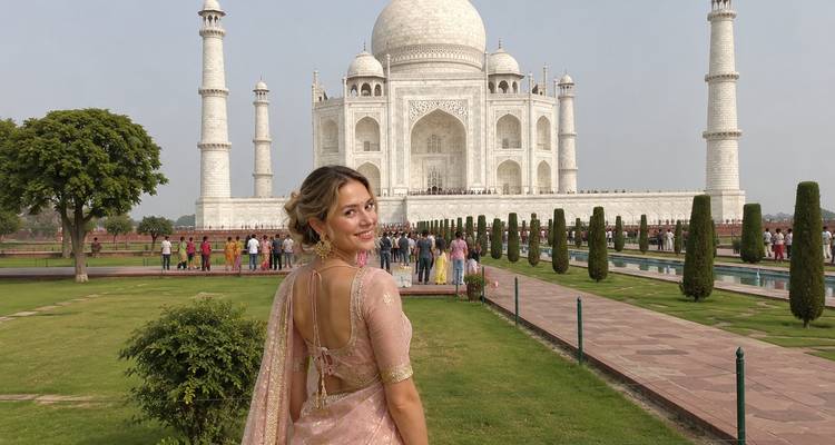 Une femme vêtue d'un sari rose se tourne vers l'appareil photo avec le Taj Mahal qui s'élève majestueusement derrière elle par une belle journée ensoleillée.