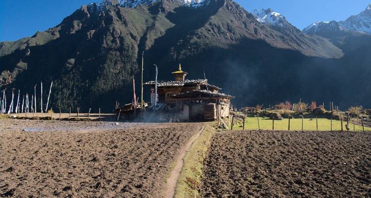Traditional Bhutanese building set in a mountainous landscape.