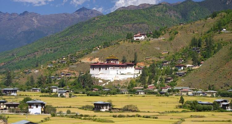 View of Paro with traditional Bhutanese architecture amidst mountains.
