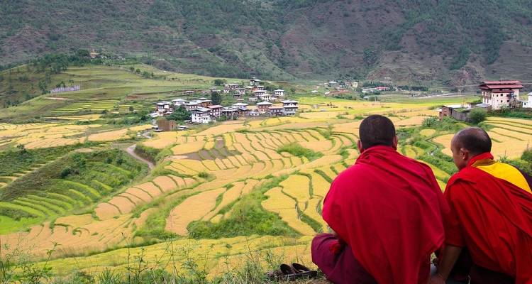 Two monks observing terraced rice fields and a village.