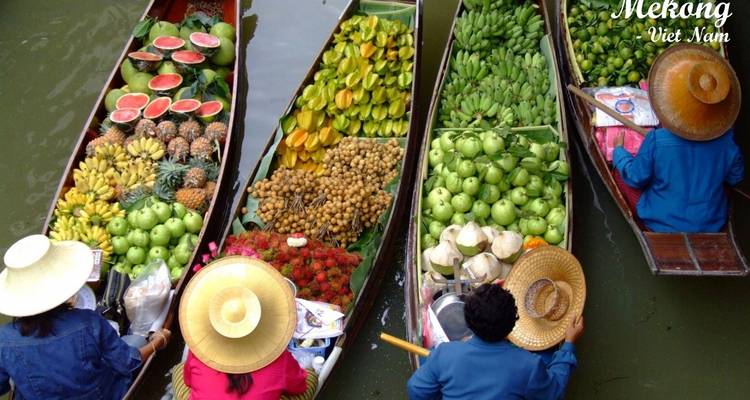 Boote voller verschiedener Früchte auf einem schwimmenden Markt im Mekong, Vietnam.