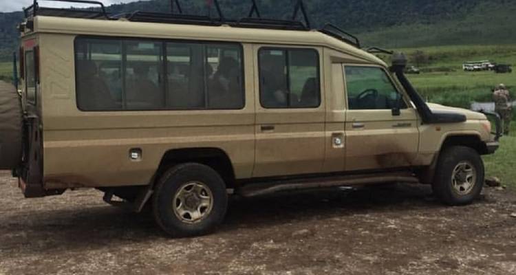 Safari voertuig geparkeerd op een onverharde ondergrond met groen eromheen.