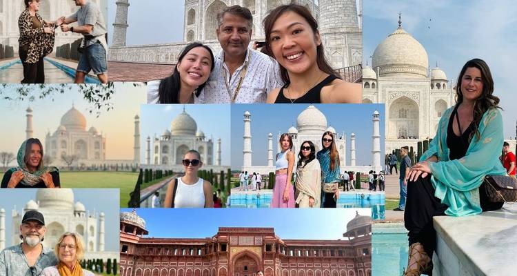 Collage de personnes posant devant le Taj Mahal.