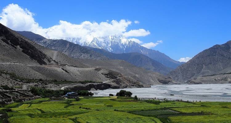Valley with green fields and distant mountains