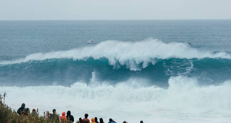 Large ocean wave with spectators on the shore.