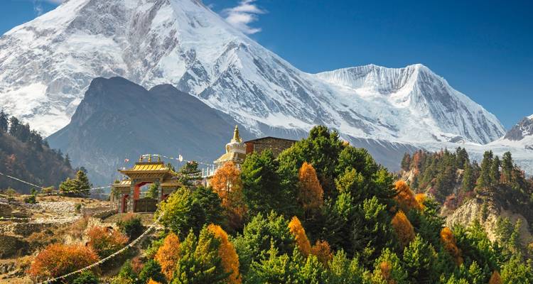 Herbstlicher Wald mit einem Kloster vor dem Hintergrund schneebedeckter Berge.