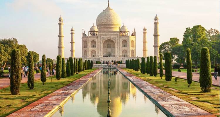 Taj Mahal with its reflection in a long pool.