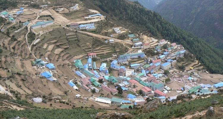 Aerial view of a Himalayan village with blue rooftops.
