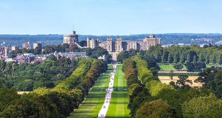 Lange, von Bäumen gesäumte Allee, die zum in üppiger Landschaft gelegenen Windsor Castle unter klarem blauem Himmel führt.