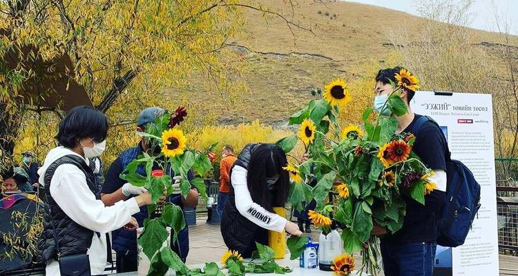 Menschen, die Sonnenblumen bei einer Veranstaltung im Freien arrangieren.