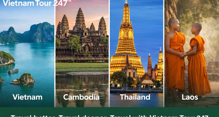Collage promocional con texto que destaca tours por Vietnam, Camboya, Tailandia y Laos.