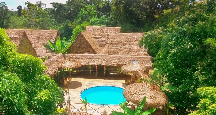 Luchtfoto van lodges met rieten daken met een zwembad en groen.