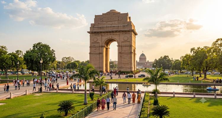 Escena de tarde ocupada en India Gate con césped bien cuidado, estanque y familias disfrutando del monumento.