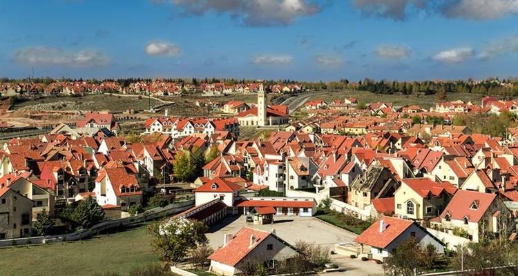 Panoramisch uitzicht op een stad met gebouwen met rode daken.