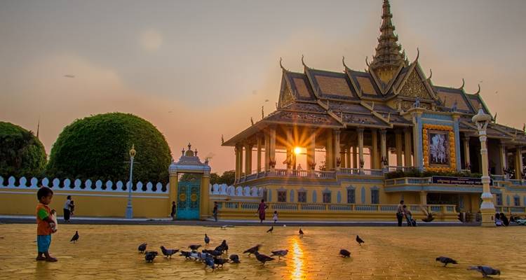 Child watching pigeons at a grand palace with a golden spire at sunset.
