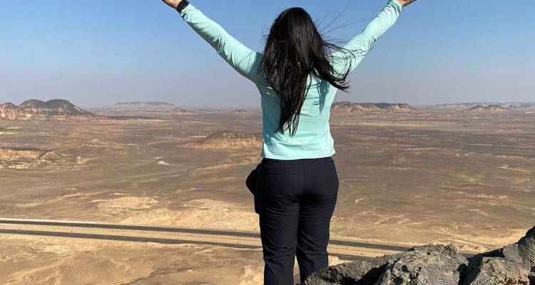 Person, die mit erhobenen Armen dasteht und über eine Wüstenlandschaft blickt.