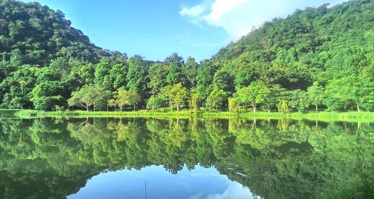 Friedlicher See, der üppig grüne Hügel widerspiegelt.