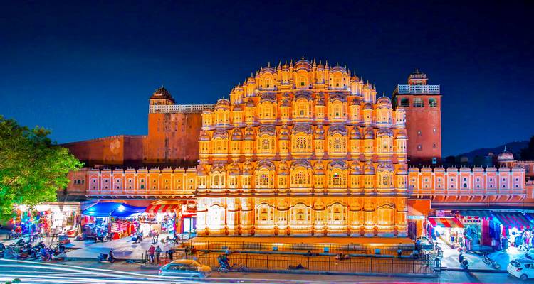 Hawa Mahal beautifully illuminated at night.