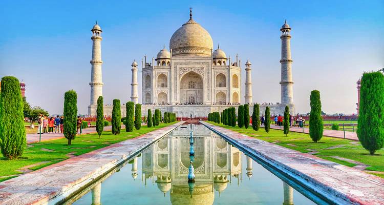 The Taj Mahal with its gardens and reflection in the water.
