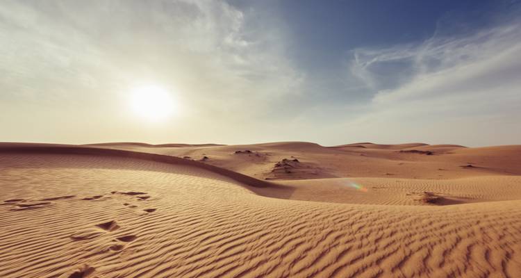 Weite Aussicht auf Sanddünen und eine helle Sonne.