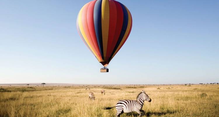 Hot air balloon floating over a savannah with zebras.