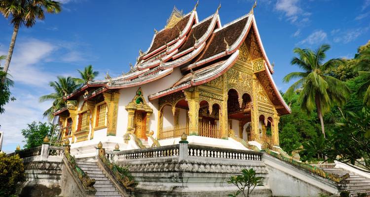 Temple bouddhiste au toit doré avec une végétation luxuriante.