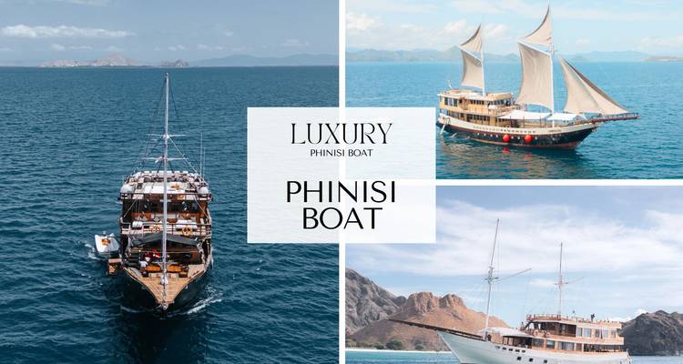 Collage marketing montrant un luxueux bateau phinisi naviguant sur des mers turquoise avec du texte en surimpression audacieux.