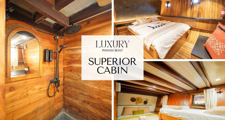 Collage marketing d'intérieurs de cabines supérieures avec décor en bois et superposition de texte central.