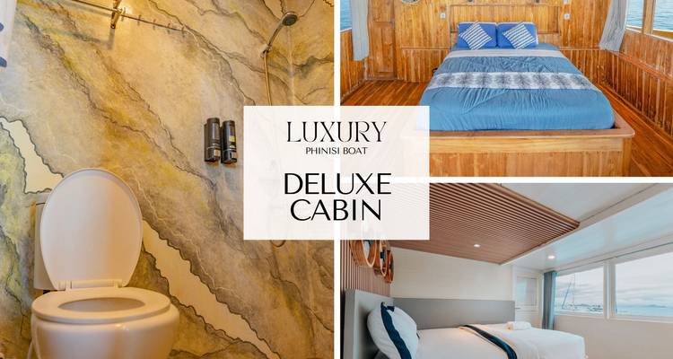 Collage présentant une chambre de cabine de luxe et une salle de bain attenante avec mur en marbre, plus texte en superposition.