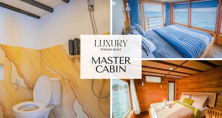 Collage publicitaire cabine principale avec fenêtres vue mer et texte central en gras.