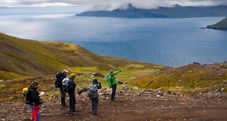 Group of hikers overlooking a fjord with a mountainous backdrop.