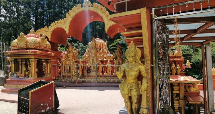 Golden statues at a temple complex with intricate architecture.