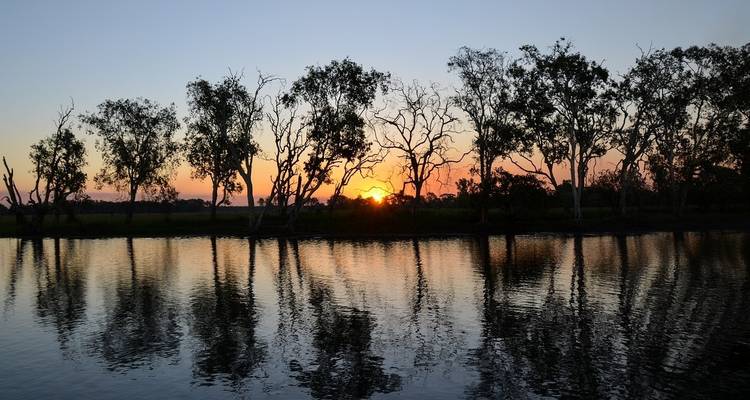 Sunset behind trees reflecting in water.