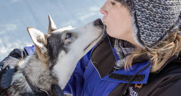Person interacting closely with a husky dog in a snowy area.