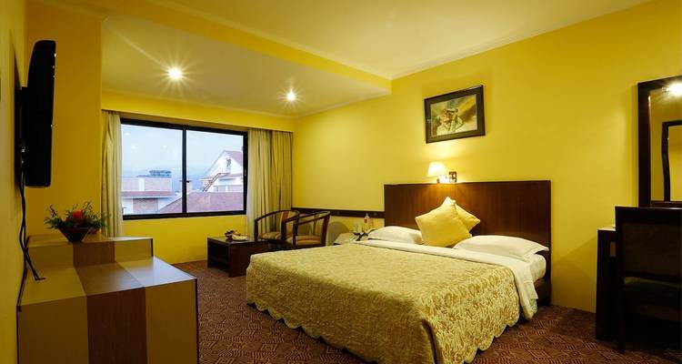 Chambre d'hôtel avec un grand lit et des fenêtres.