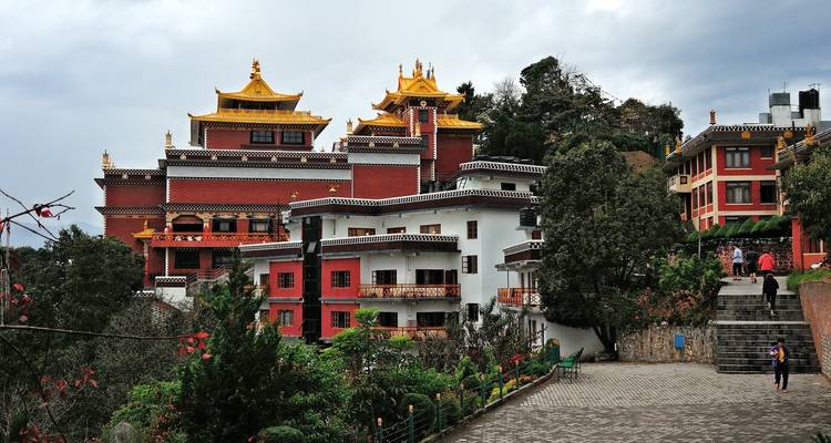 Colorful buildings with golden rooftops in a hilly area