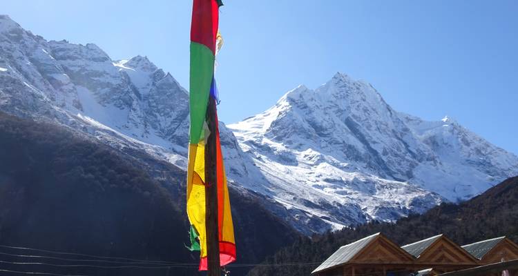 Drapeaux de prière colorés devant des montagnes enneigées