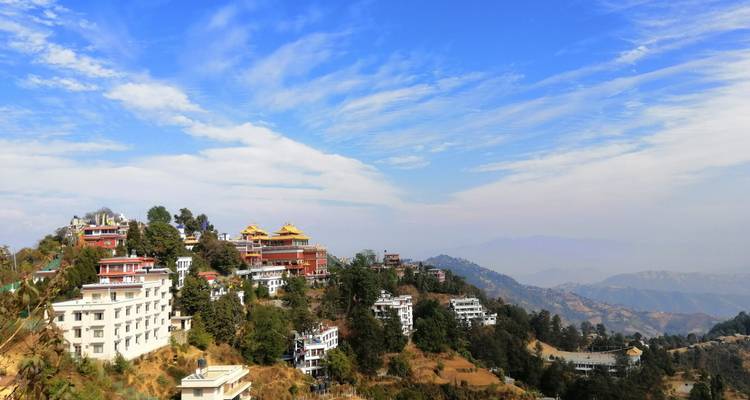 Heuvel met gebouwen en bomen onder een heldere hemel.