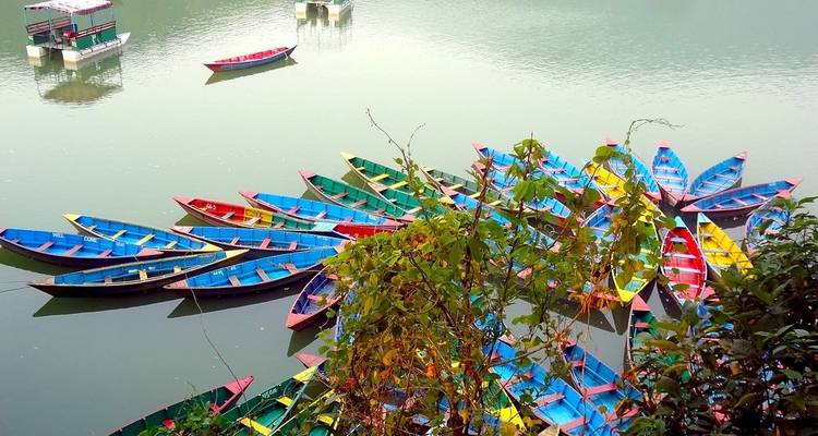 Ansammlung bunter Boote auf dem Wasser.