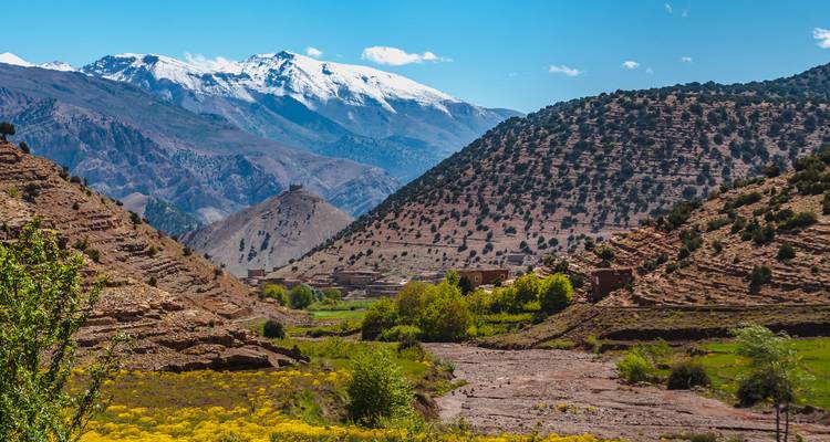 Schneebedeckte Berge und ein üppiges Tal.
