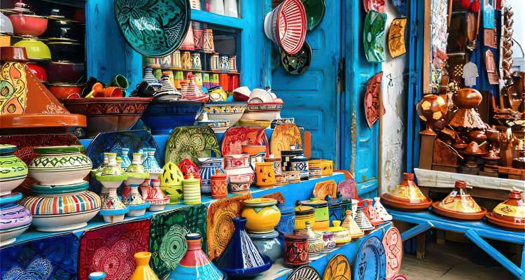 Buntes Töpferwerk und traditionelle Gegenstände auf einem Markt.