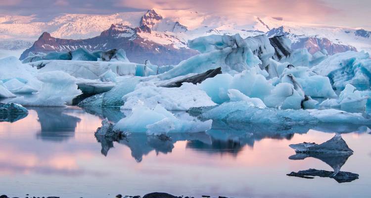 Icebergs reflected in a serene lake with snow-capped mountains