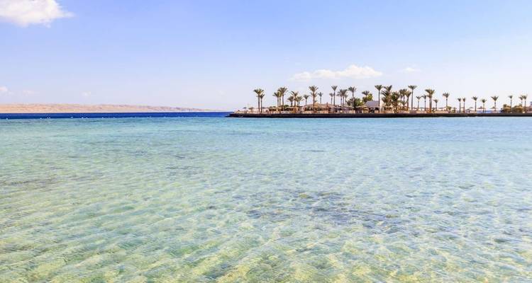 Palm tree-lined coastline with clear waters.