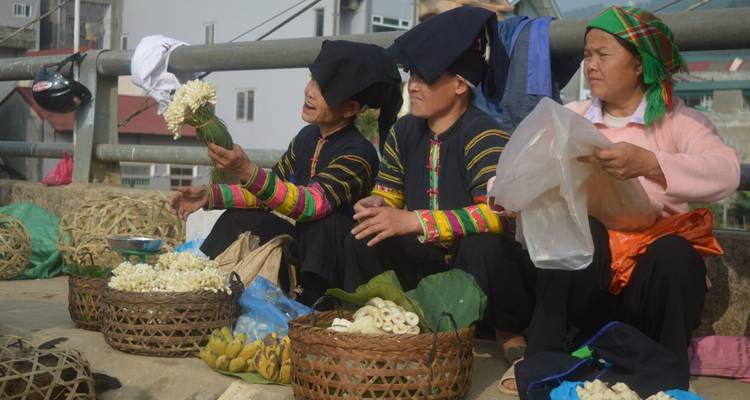 Lokale mensen zittend met manden vol bloemen en fruit.