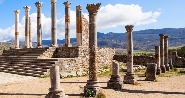Oude ruïnes van Volubilis met zuilen tegen een bergachtige achtergrond.