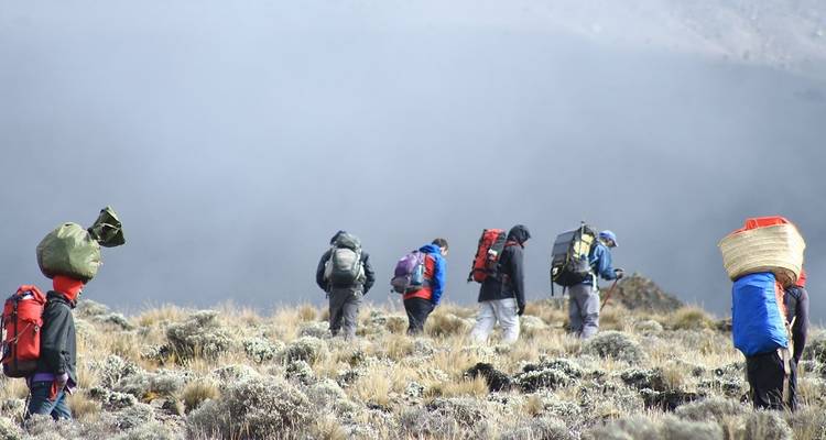 Groupe de randonneurs marchant à travers un paysage de haute altitude.