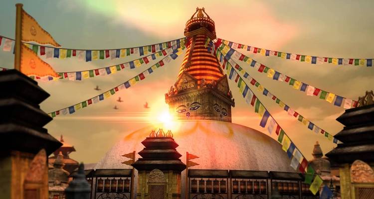 Een stupa met gebedsvlaggen en duiven, avondgloed op de achtergrond.